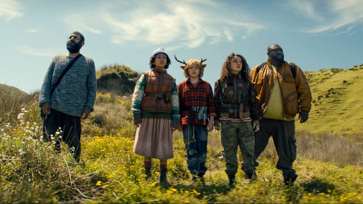 Sweet Tooth. (L to R) Adeel Akhtar as Singh, Naledi Murray as Wendy, Christian Convery as Gus, Stefania LaVie Owen as Becky, Nonso Anozie as Jepperd in episode 303 of Sweet Tooth. Cr. Courtesy of Netflix © 2024