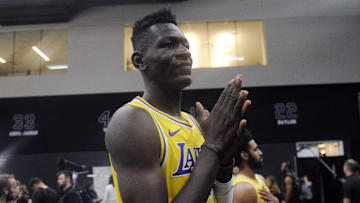 September 24, 2018; El Segundo, CA, USA; Los Angeles Lakers Isaac Bonga (17) during media day at UCLA Health Training Center. Mandatory Credit: Gary A. Vasquez-Imagn Images
