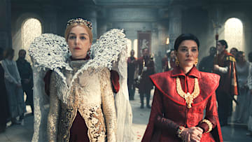 Queen Morgase Trakand (Olivia Williams) and Elaida (Shohreh Aghdashloo) in The Wheel of Time season 3.