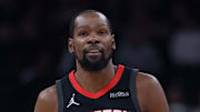 Nov 30, 2025; Salt Lake City, Utah, USA; Houston Rockets forward Kevin Durant (7) reacts to a play during the second quarter of the game against the Utah Jazz at Delta Center. Mandatory Credit: Rob Gray-Imagn Images