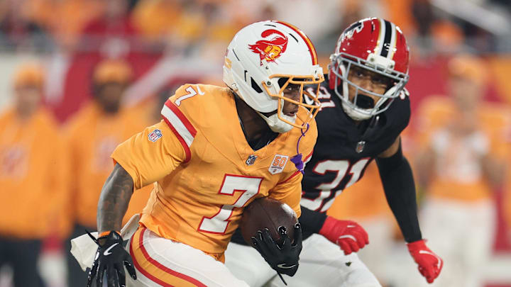 Tampa Bay Buccaneers running back Bucky Irving (7) faces the Carolina Panthers in Week 16.