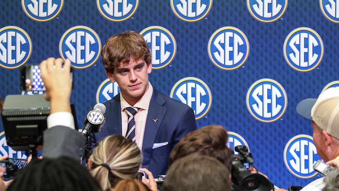 Jul 15, 2025; Atlanta, GA, USA; Texas Longhorns quarterback Arch Manning answers questions from the media during SEC Media Days at Omni Atlanta Hotel. 
