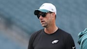Aug 7, 2025; Philadelphia, Pennsylvania, USA; Philadelphia Eagles offensive coordinator Kevin Patullo before a game against the Cincinnati Bengals at Lincoln Financial Field. Mandatory Credit: Bill Streicher-Imagn Images
