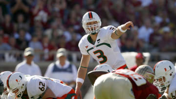 Oct 20, 2007; Tallahassee, FL, USA; Miami Hurricanes quarterback Kyle Wright (3) calls an audible during the first quarter against the Florida State Seminoles at Doak Campbell Stadium in Tallahassee, Florida. Miami won the game 37-29. Mandatory Credit: Jason Parkhurst-USA TODAY Sports Copyright © Jason Parkhurst