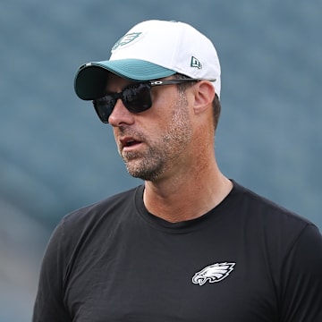 Aug 7, 2025; Philadelphia, Pennsylvania, USA; Philadelphia Eagles offensive coordinator Kevin Patullo before a game against the Cincinnati Bengals at Lincoln Financial Field.