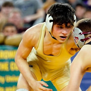 Luke Stanich of Roxbury, left, wrestles Caedyn Ricciardi of St. Peters Prep in the 126-pound state wrestling final at Boardwalk Hall in Atlantic City on Saturday, March 4, 2023.

Wrestling Njsiaa State Wrestling Tournament