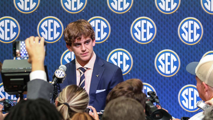 Jul 15, 2025; Atlanta, GA, USA; Texas Longhorns quarterback Arch Manning answers questions from the media during SEC Media Days at Omni Atlanta Hotel. 