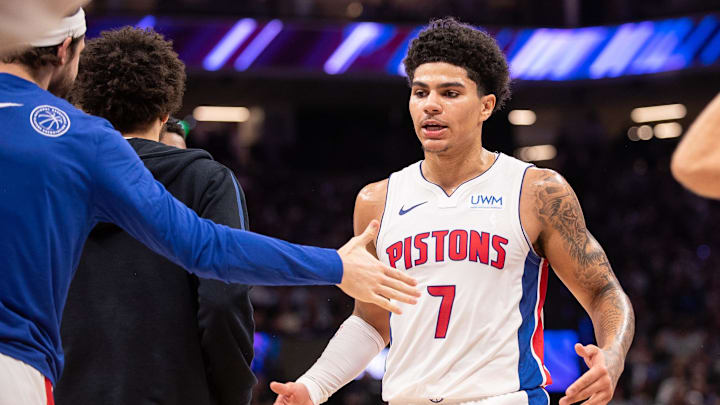 Feb 7, 2024; Sacramento, California, USA; Detroit Pistons guard Killian Hayes (7) celebrates with team mates after a time out was called during the second quarter at Golden 1 Center. Mandatory Credit: Ed Szczepanski-Imagn Images