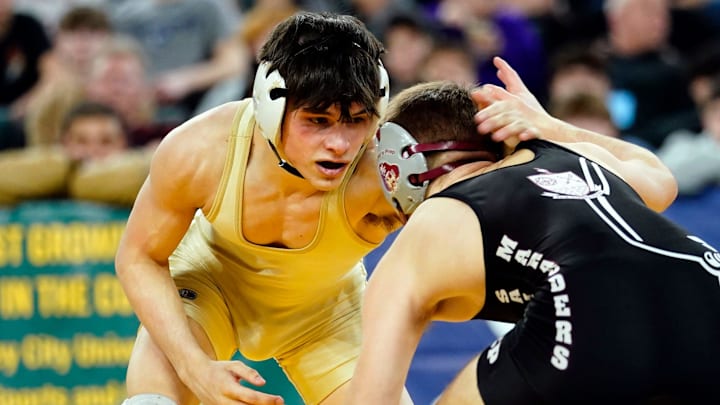 Luke Stanich of Roxbury, left, wrestles Caedyn Ricciardi of St. Peters Prep in the 126-pound state wrestling final at Boardwalk Hall in Atlantic City on Saturday, March 4, 2023.

Wrestling Njsiaa State Wrestling Tournament