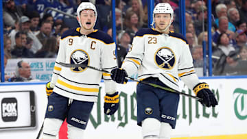 Nov 29, 2018; Tampa, FL, USA; Buffalo Sabres center Jack Eichel (9) and Buffalo Sabres center Sam Reinhart (23) during the second period at Amalie Arena. Mandatory Credit: Kim Klement-Imagn Images