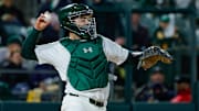 Mar 31, 2025; West Sacramento, California, USA; Athletics catcher Shea Langeliers during the game against the Chicago Cubs at Sutter Health Park. Mandatory Credit: Sergio Estrada-Imagn Images