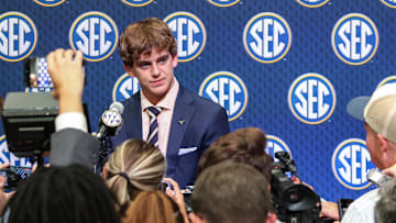 Jul 15, 2025; Atlanta, GA, USA; Texas Longhorns quarterback Arch Manning answers questions from the media during SEC Media Days at Omni Atlanta Hotel.