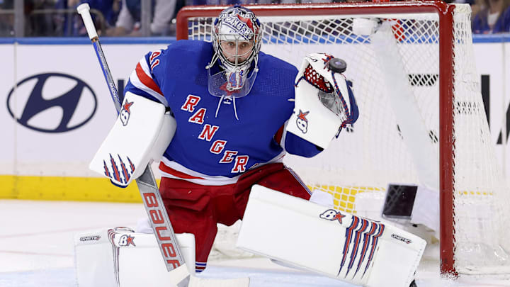 Apr 13, 2023; New York, New York, USA; New York Rangers goaltender Jaroslav Halak (41) makes a save against the Toronto Maple Leafs during the second period at Madison Square Garden. Mandatory Credit: Brad Penner-Imagn Images