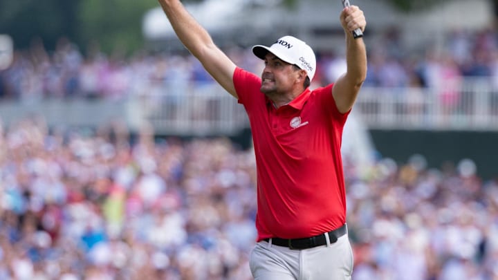 Bradley reacts after the winning birdie at the Travelers.