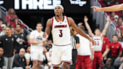 Louisville Cardinals guard Ryan Conwell (3) after scoring a three-point shot against Bucknell during an exhibition game at the KFC Yum! Center in Louisville, Kentucky Tuesday October 28, 2025.