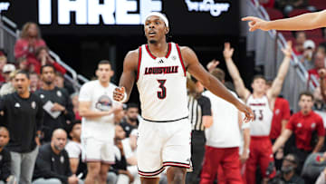 Louisville Cardinals guard Ryan Conwell (3) after scoring a three-point shot against Bucknell during an exhibition game at the KFC Yum! Center in Louisville, Kentucky Tuesday October 28, 2025.