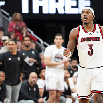 Louisville Cardinals guard Ryan Conwell (3) after scoring a three-point shot against Bucknell during an exhibition game at the KFC Yum! Center in Louisville, Kentucky Tuesday October 28, 2025.