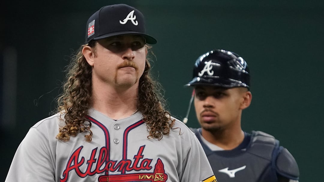 Atlanta Braves starting pitcher Grant Holmes (66) walks in from the bullpen prior to a game against the Texas Rangers at Globe Life Field.