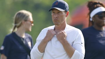 Chicago Bears head coach Ben Johnson looks on during training camp at Halas Hall.