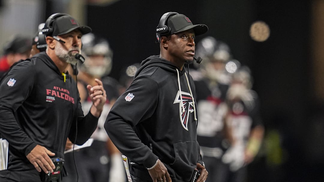 Oct 26, 2025; Atlanta, Georgia, USA; Atlanta Falcons head coach Raheem Morris is shown reacting on the sideline against the Miami Dolphins during the second half at Mercedes-Benz Stadium. Mandatory Credit: Dale Zanine-Imagn Images