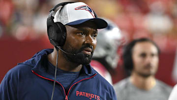 Aug 25, 2024; Landover, Maryland, USA;  New England Patriots head coach Jerod Mayo during the second  half against the Washington Commanders at Commanders Field. Mandatory Credit: Tommy Gilligan-Imagn Images