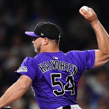 May 27, 2025; Chicago, Illinois, USA; Colorado Rockies pitcher Seth Halvorsen (54) pitches during the eighth inning against the Chicago Cubs at Wrigley Field. Mandatory Credit: Patrick Gorski-Imagn Images