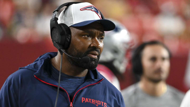 Aug 25, 2024; Landover, Maryland, USA;  New England Patriots head coach Jerod Mayo during the second  half against the Washington Commanders at Commanders Field. Mandatory Credit: Tommy Gilligan-USA TODAY Sports