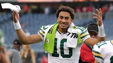 Green Bay Packers quarterback Jordan Love (10) celebrates a victory against the Chicago Bears as he leaves the field during their football game Sunday, September 10, 2023, at Soldier Field in Chicago, Ill. Green Bay won 38-20.