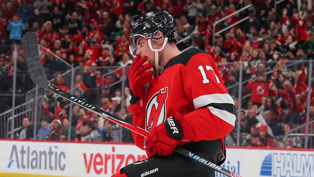 Mar 29, 2026; Newark, New Jersey, USA; New Jersey Devils defenseman Simon Nemec (17) celebrates his goal against the Chicago Blackhawks during the second period at Prudential Center. Mandatory Credit: Ed Mulholland-Imagn Images