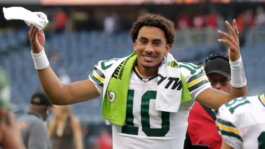 Green Bay Packers quarterback Jordan Love celebrates a victory over the Chicago Bears on Sept. 10, 2023, at Soldier Field.