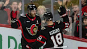 Nov 23, 2024; Ottawa, Ontario, CAN; Ottawa Senators center Tim Stutzle (18) celebrates with right wing Claude Giroux (28) his goal scored in the third period against the Vancouver Canucks at the Canadian Tire Centre. Mandatory Credit: Marc DesRosiers-Imagn Images