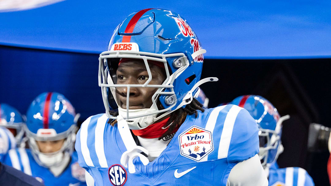Jan 8, 2026; Glendale, AZ, USA; Mississippi Rebels wide receiver Winston Watkins (17) against the Miami Hurricanes during the 2026 Fiesta Bowl and semifinal game of the College Football Playoff at State Farm Stadium. Mandatory Credit: Mark J. Rebilas-Imagn Images