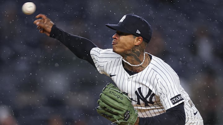 Apr 11, 2025; Bronx, New York, USA; New York Yankees starting pitcher Marcus Stroman (0) delivers a pitch during the first inning against the San Francisco Giants at Yankee Stadium. Mandatory Credit: Vincent Carchietta-Imagn Images