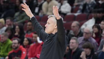 Jan 14, 2025; Chicago, Illinois, USA; Chicago Bulls head coach Billy Donovan gestures to his team during the second half of a game against the New Orleans Pelicans at United Center. Mandatory Credit: David Banks-Imagn Images