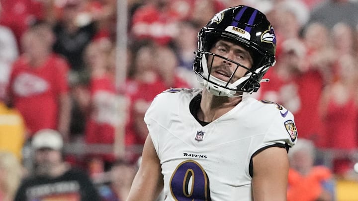 Baltimore Ravens kicker Justin Tucker (9) reacts after missing a field goal against the Kansas City Chiefs during the game at GEHA Field at Arrowhead Stadium. 