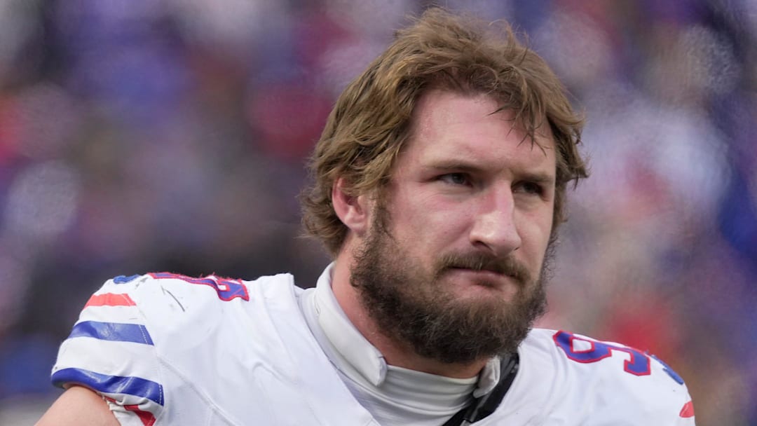 Buffalo Bills defensive end Joey Bosa watches the offensive line on the field during second half action against the Tampa Bay Buccaneers on Nov 16, 2025 at Highmark Stadium in Orchard Park.