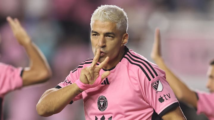 Inter Miami CF forward Luis Suarez (9) celebrates a first half goal against Atlanta United in a 2024 MLS Cup Playoffs Round One match at Chase Stadium. Inter Miami CF forward Luis Suarez (9) celebrates a first half goal against Atlanta United in a 2024 MLS Cup Playoffs Round One match at Chase Stadium.