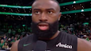 Boston Celtics star Jaylen Brown speaks to the media after a win.