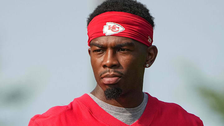Former Kansas City Chiefs wide receiver Justyn Ross (8) walks down the hill from the locker room to the fields prior to training camp at Missouri Western State University.