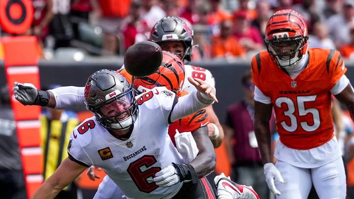 Tampa Bay Buccaneers quarterback Baker Mayfield (6) fumbles the ball as he runs in the second quarter of the NFL Week 1 game between the Cincinnati Bengals and the Tampa Bay Buccaneers at Paycor Stadium in Cincinnati on Sunday, Sept. 13, 2026.