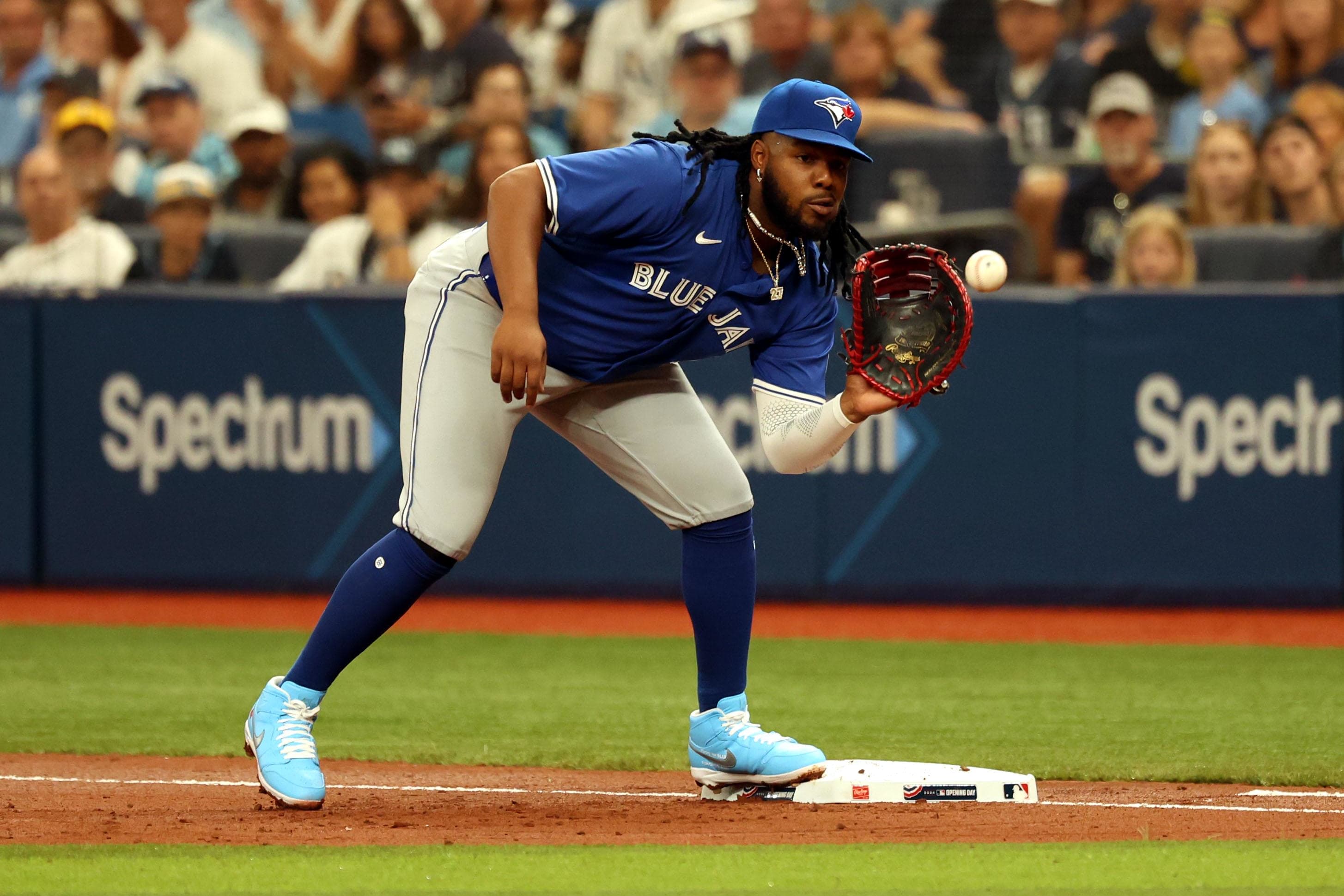 Toronto Blue Jays first baseman Vladimir Guerrero Jr. fields a ball.
