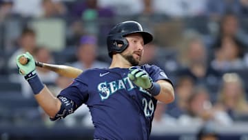 Jul 8, 2025; Bronx, New York, USA; Seattle Mariners catcher Cal Raleigh (29) bats against the New York Yankees during the first inning at Yankee Stadium. Mandatory Credit: Brad Penner-Imagn Images
