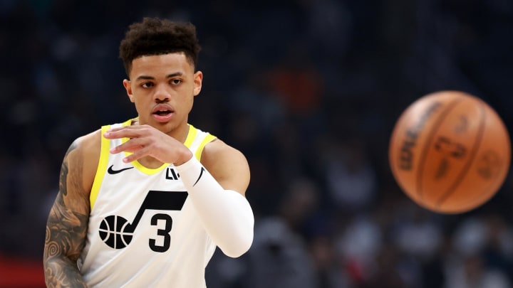 Apr 12, 2024; Los Angeles, California, USA;  Utah Jazz guard Keyonte George (3) passes the ball during the first quarter against the Los Angeles Clippers at Crypto.com Arena. Mandatory Credit: Kiyoshi Mio-USA TODAY Sports