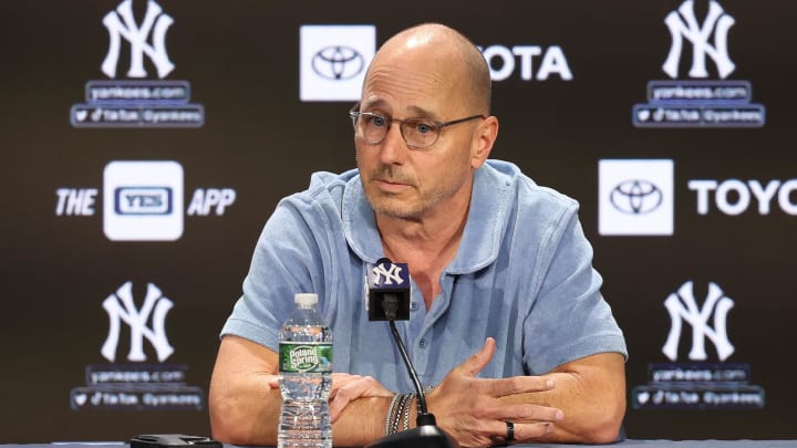 Aug 23, 2023; Bronx, New York, USA; New York Yankees general manager Brian Cashman talks with the media before the game between the Yankees and the Washington Nationals at Yankee Stadium. Mandatory Credit: Vincent Carchietta-USA TODAY Sports