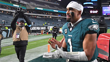  Philadelphia Eagles quarterback Jalen Hurts (1) runs off the field after winning against the Pittsburgh Steelers.