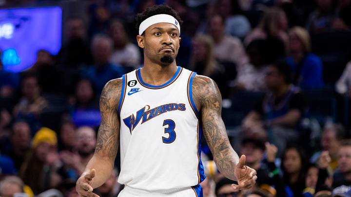 Feb 13, 2023; San Francisco, California, USA; Washington Wizards guard Bradley Beal (3) reacts against the Golden State Warriors during the first half at Chase Center. Mandatory Credit: John Hefti-Imagn Images