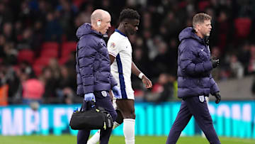 England's Bukayo Saka (middle) was substituted off the pitch with an injury.