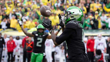 Oregon wide receiver Malik Benson hauls in a touchdown pass as the Oregon Ducks host the Indiana Hoosiers Oct. 11, 2025, at Autzen Stadium in Eugene, Oregon.