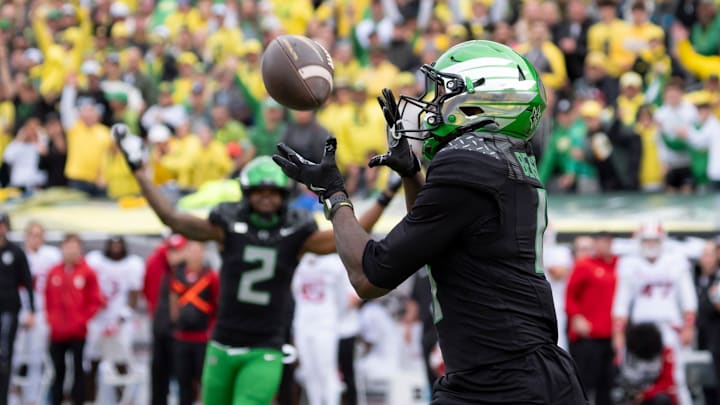 Oregon wide receiver Malik Benson hauls in a touchdown pass as the Oregon Ducks host the Indiana Hoosiers Oct. 11, 2025, at Autzen Stadium in Eugene, Oregon.