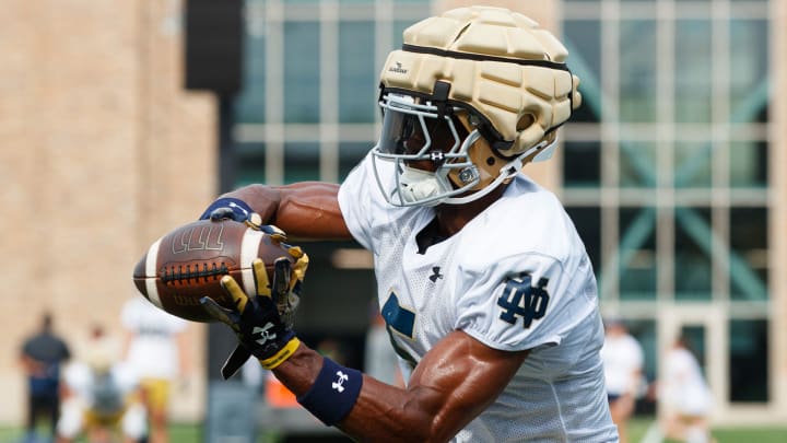 Notre Dame wide receiver Beaux Collins catches the ball during a Notre Dame football practice at Irish Athletic Center on Thursday, Aug. 1, 2024, in South Bend.